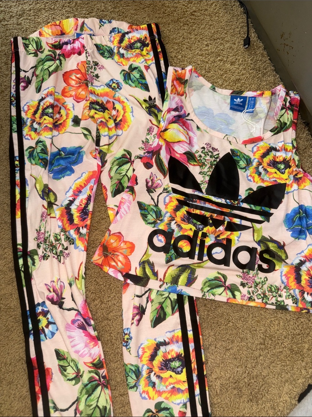 adidas Pink Floral Trefoil Crop Top & Leggings Set